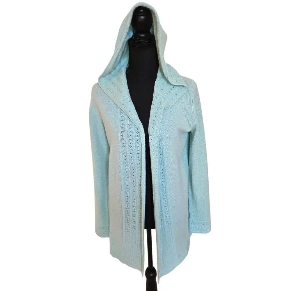 Peck & Peck Womens Wool Cashmere Hooded Open Front Cardigan Aqua Size Medium